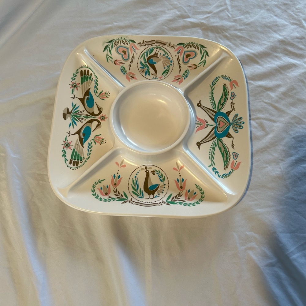 Vtg Melamine Large Divided Tray Square Penna Dutch Symbols MCM 14” Peacock Doves - Picture 2 of 8